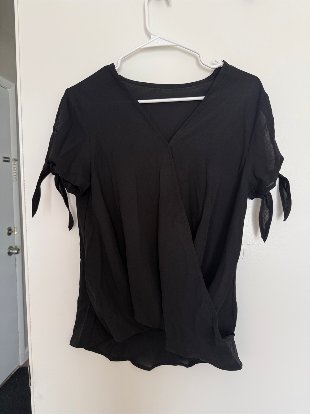 Black Tie-Sleeve V-Neck Blouse